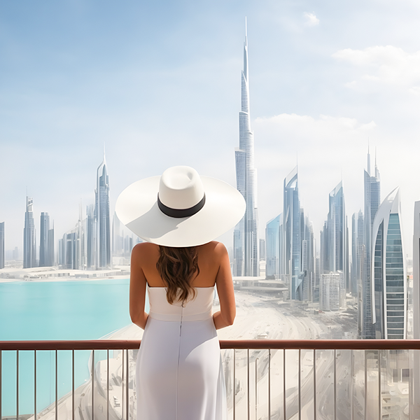 Postoperative patient overlooking the Dubai skyline during the convalescence phase of Breast Surgery in UK.