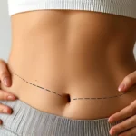 A close-up view of a woman's midsection with her hands resting on her hips, showing a dashed black surgical marking line drawn across the lower abdomen below the umbilicus to plan for a liposuction surgery in UK.