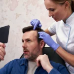 A close-up view of a trichologist wearing purple gloves examining a man's receding hairline while he looks into a hand mirror, analyzing long-term graft survival factors related to Does a FUE hair transplant last forever UK.