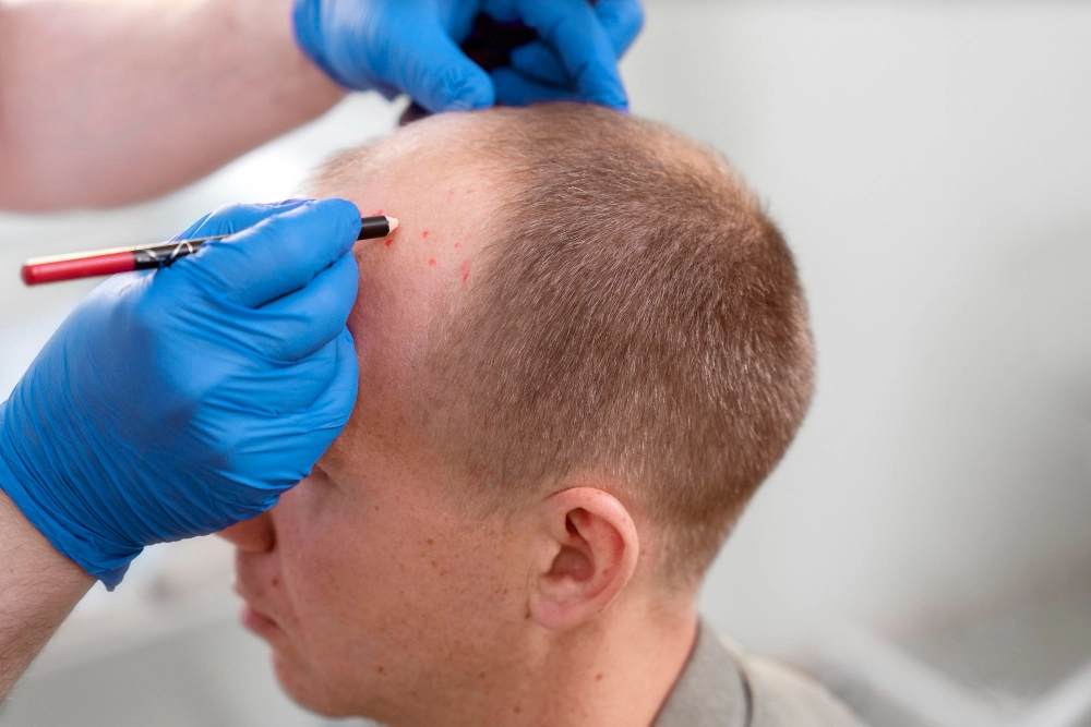 Surgeon marking the frontal hairline on a male patient for a follicular unit extraction hair transplant UK.