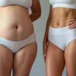 A cropped frontal view of two women standing side-by-side in white underwear against a grey canvas backdrop, contrasting a soft abdominal profile with a tight, muscularly defined torso to evaluate Abdominoplasty vs liposuction in UK.