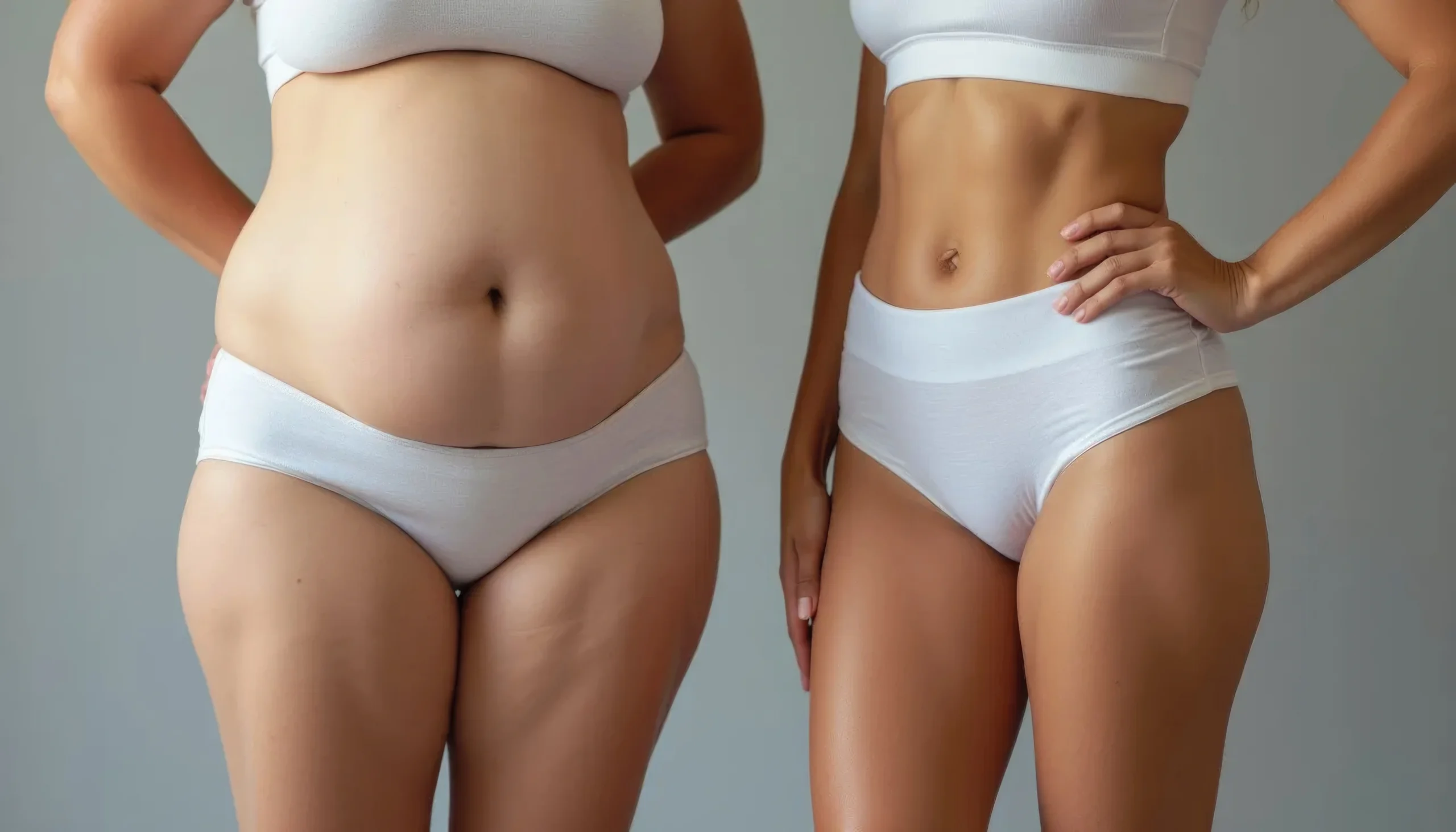 A cropped frontal view of two women standing side-by-side in white underwear against a grey canvas backdrop, contrasting a soft abdominal profile with a tight, muscularly defined torso to evaluate Abdominoplasty vs liposuction in UK.
