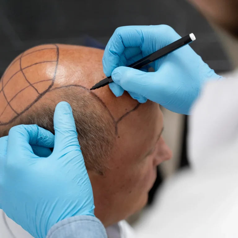 A close-up view of a surgeon wearing blue gloves using a black marker to draw a structural grid template on a male patient's balding scalp for FUT vs FUE surgery in uk planning.