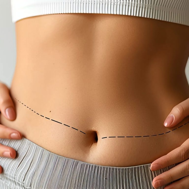 Woman with flat belly, dashed lines before abdominoplasty on light background with copy space